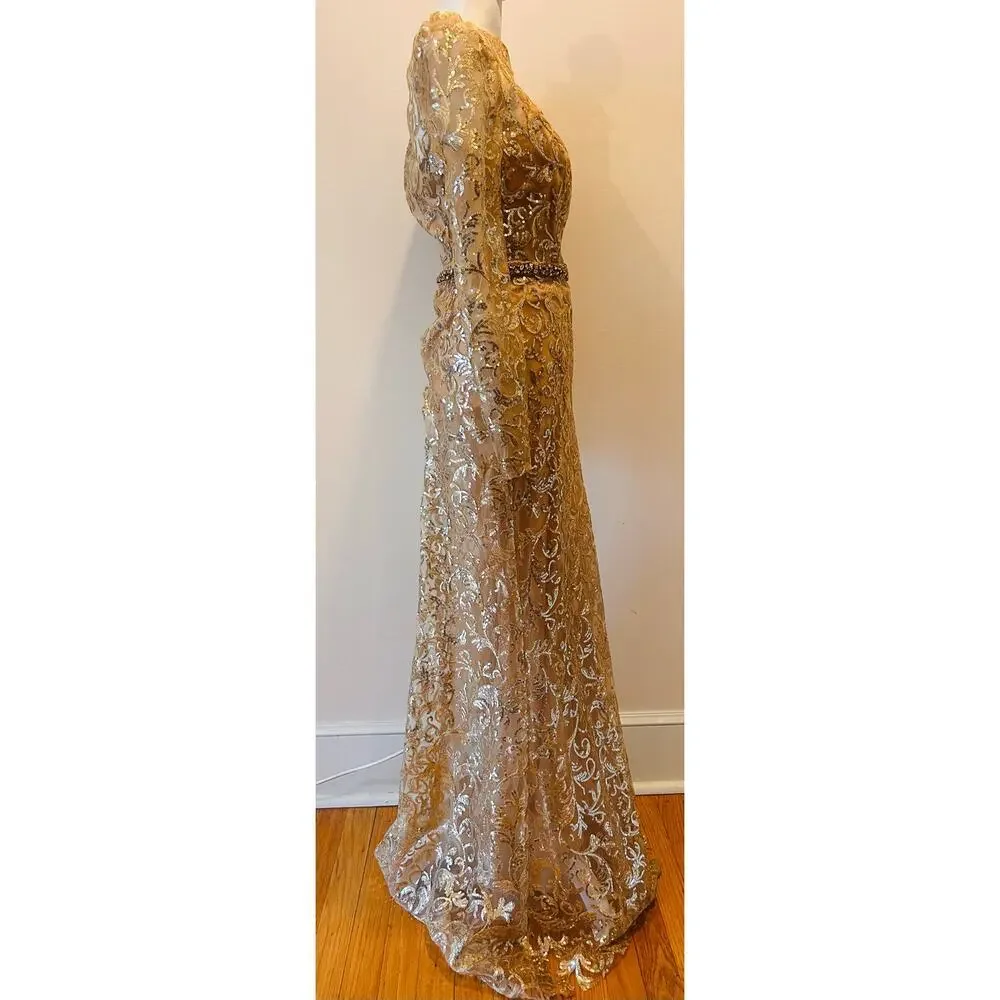 NWT Mac Duggal Gold Overlay Long Sleeve High Neck Floor Length Gown US‎ 4 - Picture 2 of 14